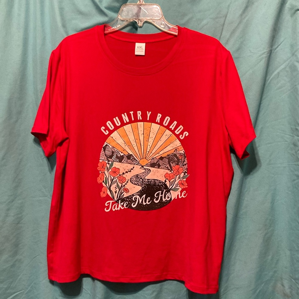 Red Graphic T-Shirt with Country Roads Design